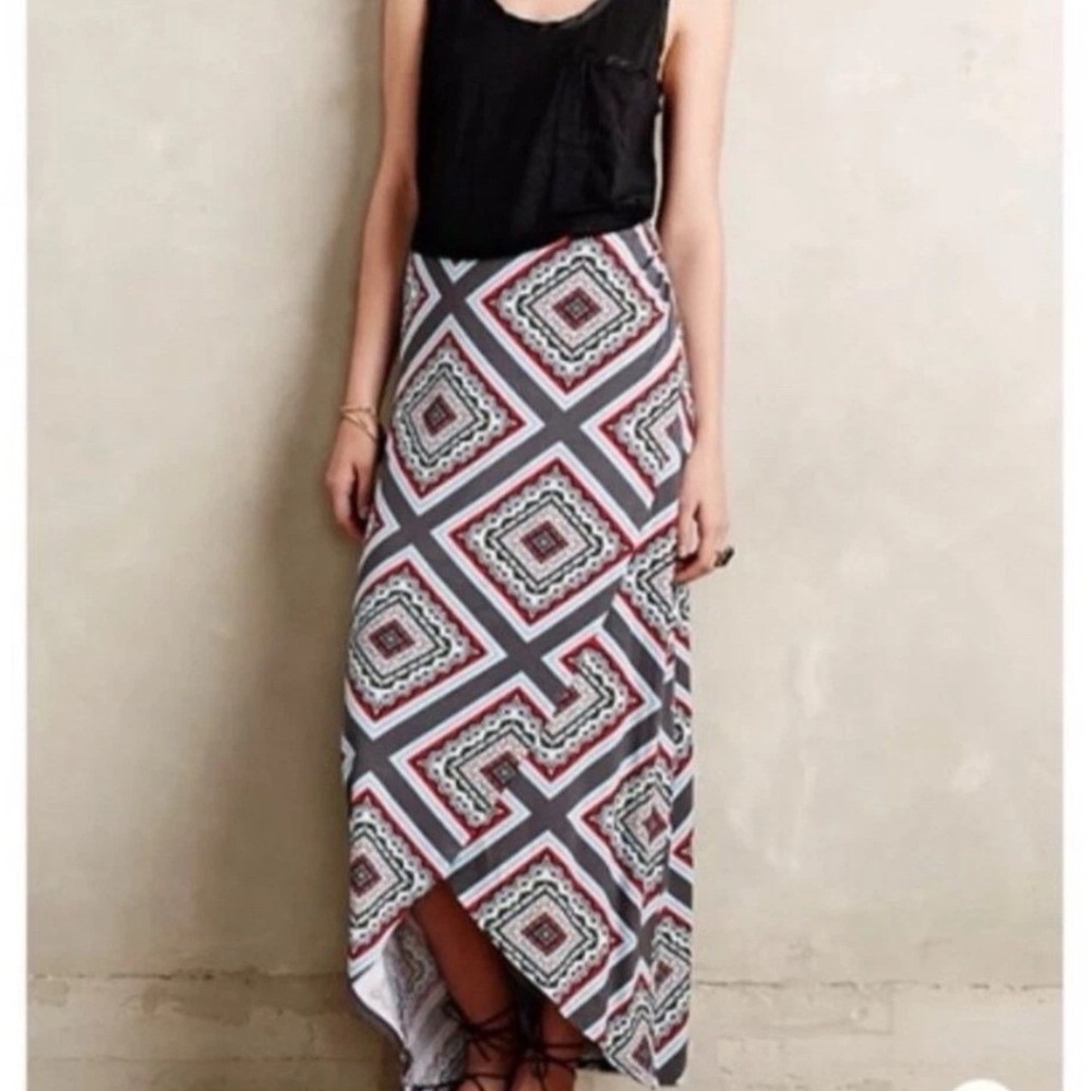 Maeve Anthropologie Maxi Skirt Medium Brown Red Geometric High-Low Boho Jersey
